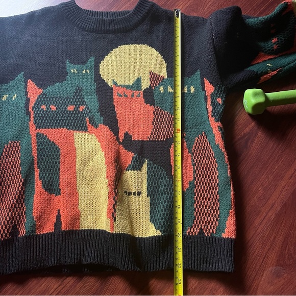 Black Knitted Cat Sweater With Green & Orange Cats - Picture 4 of 7